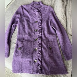 J McLaughlin Purple Long Sweater Coat Ruffles Buttons 100% Wool Size M